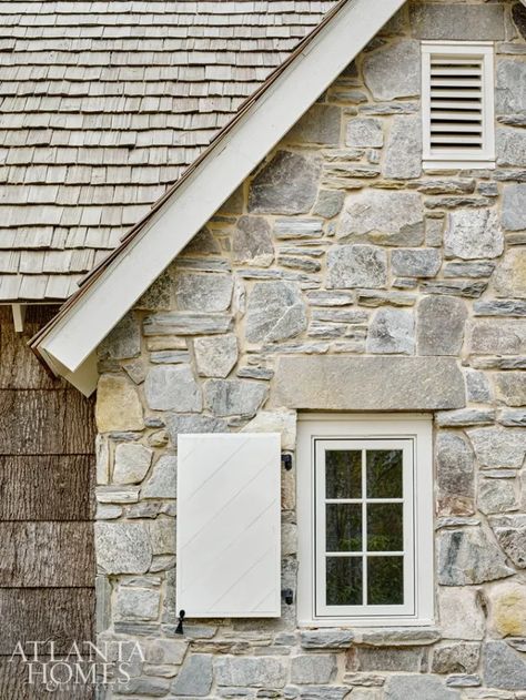 Stone And Painted Brick House Exterior, Shutter Ideas, Stone Exterior Houses, Maria Killam, Cedar Roof, Stone Farmhouse, Primitive Homes, Cottage Exterior, Atlanta Homes