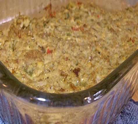 Southern Homemade Cornbread Dressing. Add I can of cream of chicken soup, and 2 cans of water.  Warm and add. Cornbread Dressing Southern With Chicken, Southern Thanksgiving Recipes Soul Food Cornbread Dressing, Southern Chicken And Dressing Cornbread, Cornbread Dressing Using Pepperidge Farm, Grandma’s Cornbread Dressing, Homemade Cornbread Dressing, Southern Thanksgiving, Bread Dressing, Thanksgiving Dressing