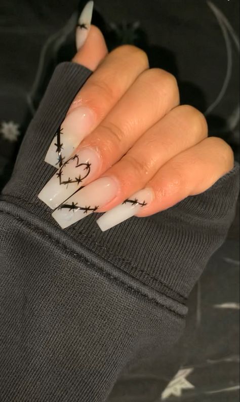 Milky Nails With Black Design, Milky White With Black Nails, Black Milky Nails, Milky White Halloween Nails, Milky White Acrylics, Milk White Nails Design, Glitter Nails Black, Wednesday Nails, Milky White Nails With Design