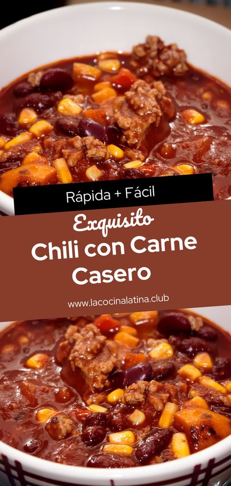 El chili con carne es una receta muy famosa y popular en Estados Unidos. En su preparación más original, el chili con carnees un guiso hecho de carne y habichuelas con chile picante. Con esta receta que te traemos podrás disfrutar de uno de los platillos Tex-mex más ricos y deliciosos, casero y con el nivel de picante que tú decidas ponerle. 🌶️ Chile Con Carne Mexican, Ultimate Chili Recipe, Chili Con Carne Recipe, Carne Recipe, Con Carne Recipe, Hearty Chili, Chili Recipe, Chili Recipes, Tex Mex