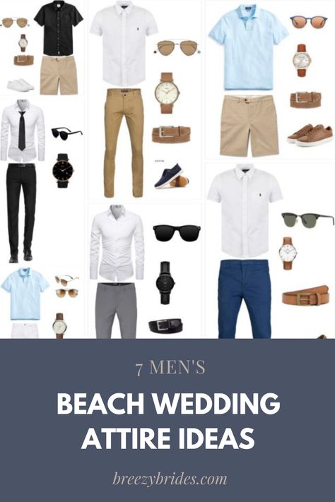 Invited to a destination or beach wedding and not sure what to wear? You know it’ll be too warm for a full suit, but don’t know how dressed down to go. Or, on the other hand, you may be thinking of wearing shorts, but don’t know if that’s appropriate. This post will offer more advice on how to navigate your outfit and offer 7 men’s beach wedding attire ideas for you. Guest Beach Wedding Attire Men, Mens Beach Dress Shoes, Business Casual Beach Outfits Men, Men Wedding Guest Beach Outfit, Wedding Beach Attire For Men, Dress Code Beach Wedding Guest Men, Beach Chic Men Outfit, Florida Wedding Outfit Guest Men, Mens Wedding Beach Outfit