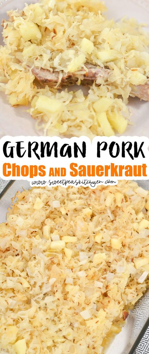 German Pork Chops and Sauerkraut German Pork And Sauerkraut Crockpot, Pork Chop And Sauerkraut Recipes, Pork Chops And Sauerkraut In Oven, Baked Sauerkraut, German Pork Chops, Instapot Pork Chops, German Sauerkraut Recipe, Pork And Sauerkraut Recipe, Pork Chops And Sauerkraut