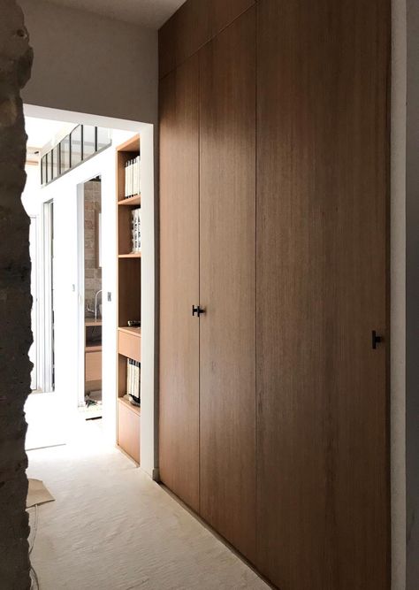 Wooden Closet Design Wardrobes, Dark Wood Cupboards Bedroom, Timber Wardrobe Doors, Wooden Built In Wardrobe, Long Hallway Storage, Brown Closet Doors, Wardrobe Dark Wood, Dark Wood Closet, Corridor Wardrobe