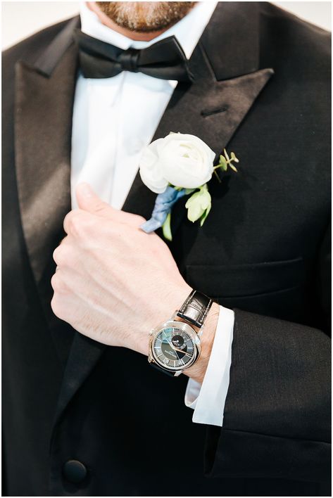 Groom in Black Tuxedo wearing Patek Philippe Watch Wedding Styled Shoot, Lakeside Wedding, Live Painting, Wedding Scene, Lake Wedding, Black Tuxedo, Engagement Portraits, Ranch Wedding, Classic Elegant