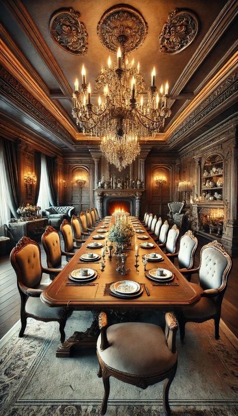 Victorian Style Dining Room, Rich Dining Room, Fantasy Dining Room, Manor Dining Room, Royal Dining Table, Fancy Dining Room, Big Dining Room, Gothic Dining Room, Dining Room Elegant