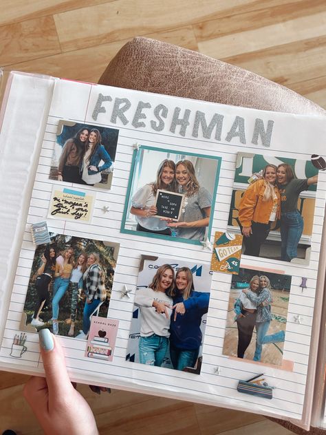 Freshman Scrapbook Pages, Friends Themed Scrapbook, College Memory Book Ideas, Freshman Year Memory Book, Scrapbook High School Years, Sorority Scrapbook Ideas Book Pages, University Scrapbook Ideas, Senior Scrapbook Ideas High Schools, Freshmen Year Scrapbook Ideas