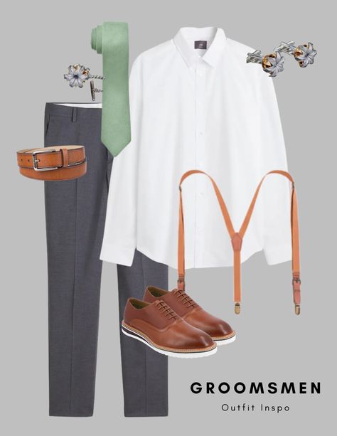 Wedding groomsmen outfit. Gray pants, white button up, brown suspenders, brown shoes, dusty sage tie, brown belt, bullet bouqet tie tack and cufflinks. Groomsmen Brown, Groomsmen Outfit, Brown Suspenders, Suspenders Wedding, Groomsmen Outfits, Dusty Sage, Wedding Groomsmen, Gray Pants, Brown Shoes