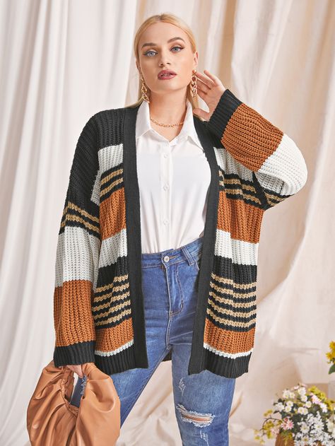 Multicolor Casual Collar Long Sleeve Acrylic Colorblock,Striped Cardigan Embellished Slight Stretch Spring/Fall Plus Size Knitwear Plus Size Knitwear, Shoulder Cardigan, Drop Shoulder Cardigan, Fall Plus Size, Plus Size Cardigans, Striped Cardigan, Spring And Fall, Drop Shoulder, Color Blocking