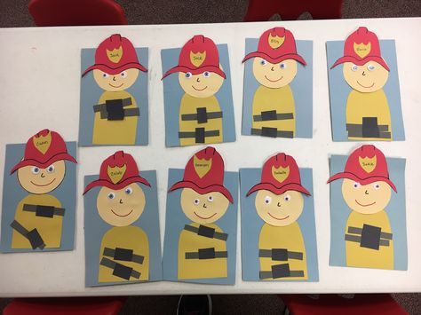 Fire safety week craft, fire fighter craft, preschool fireman art, Supplies: construction paper (light blue, yellow, cream, gray, black, red), glue stick, google eyes. Fire Fighter Activities Preschool Firefighter Crafts, Fireman Art Preschool, Hot Or Not Fire Safety Preschool, Preschool Fireman Craft, Fire Craft Preschool, Fire Fighter Art Preschool, Fire Prevention Week Preschool Crafts, Fire Hat Craft Preschool, Fire Fighter Crafts Preschool Easy