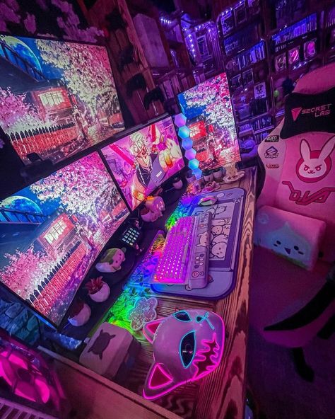 Neon Gaming Setup, Colorful Pc Setup, Fnaf Gaming Setup, Rainbow Gaming Setup, Neon Room Aesthetic Ideas, Gaming Set Up, Colorful Room Aesthetic, Gaming Desk Setup Ideas, Streamer Room