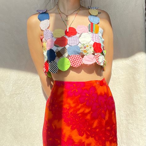 Patchwork Outfit Aesthetic, Patch Work Crop Top, Tank Top Upcycle, Spring Trendy Patchwork Crop Top, Trendy Spring Patchwork Crop Top, Upcycled Tank Top Ideas, Summer Patchwork Crop Top, Vintage Reworked Clothing, Multicolor Patchwork Crop Top