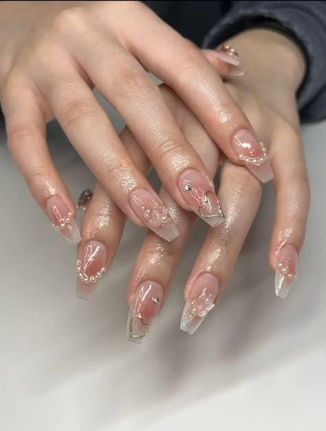 Nails Inspo Coffin, Korean Glass Nails, Nail Ideas Designs, Long French Tip, Swirly Nails, Prom Nails Red, Korean Nail, Classy Prom, Nails Purple