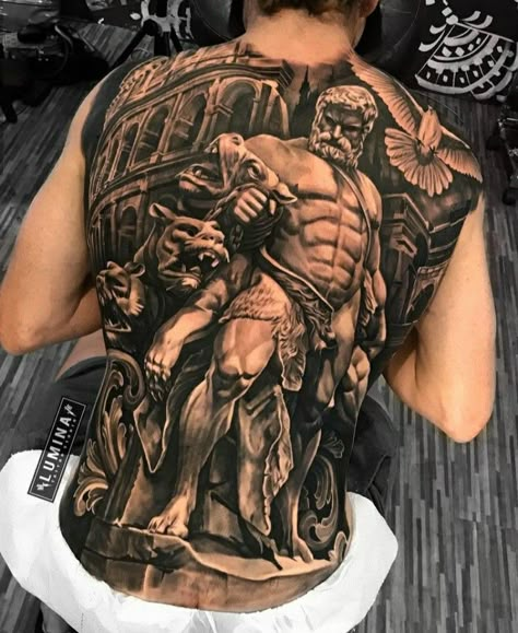 Hercules Back Tattoo, Hades Back Tattoo, Hades Chest Tattoo, Greek Mythology Chest Tattoo Men, Roman Back Tattoo, Greek Mythology Chest Tattoo, Greek Mythology Back Tattoo, Greek Back Tattoo, Hercules Tattoo