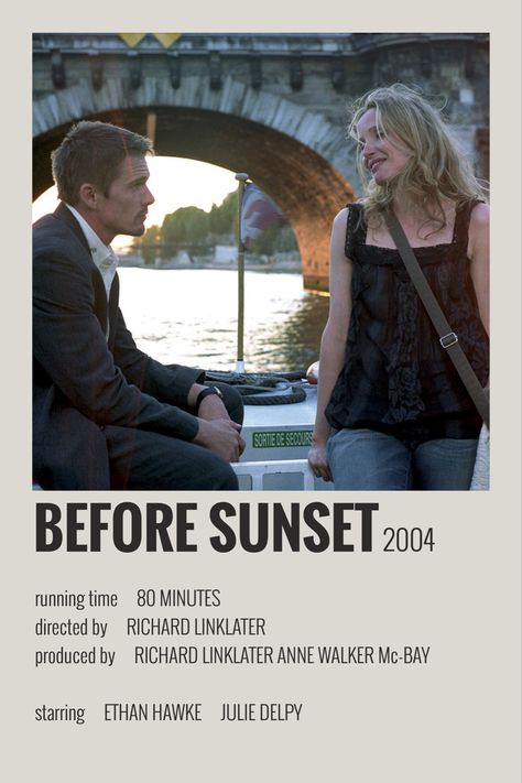 Before Sunset Movie Poster, Before Sunset Poster, Richard Linklater, Romcom Movies, Indie Movie Posters, Julie Delpy, Movies To Watch Teenagers, Iconic Movie Posters, Girly Movies