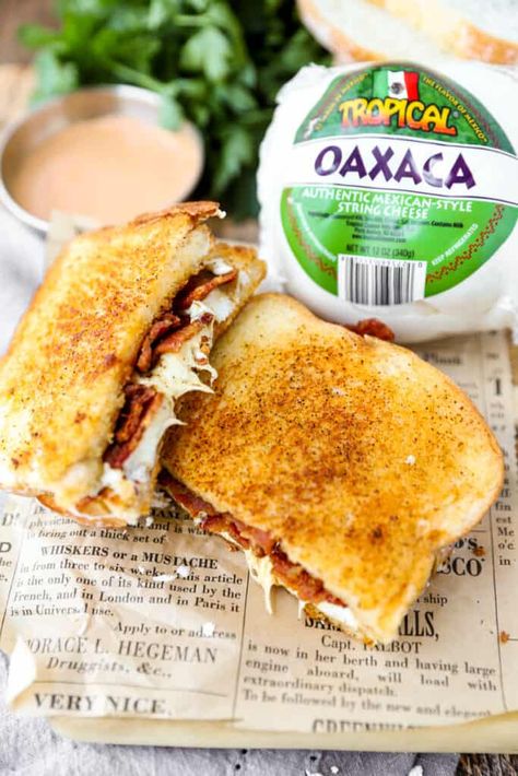 Chipotle Crema Sauce, Oaxaca Cheese Recipes, Chipotle Butter, Bacon Chili, Chipotle Crema, Seasoned Butter, Bacon Grilled Cheese, Oaxaca Cheese, Bacon Sandwich