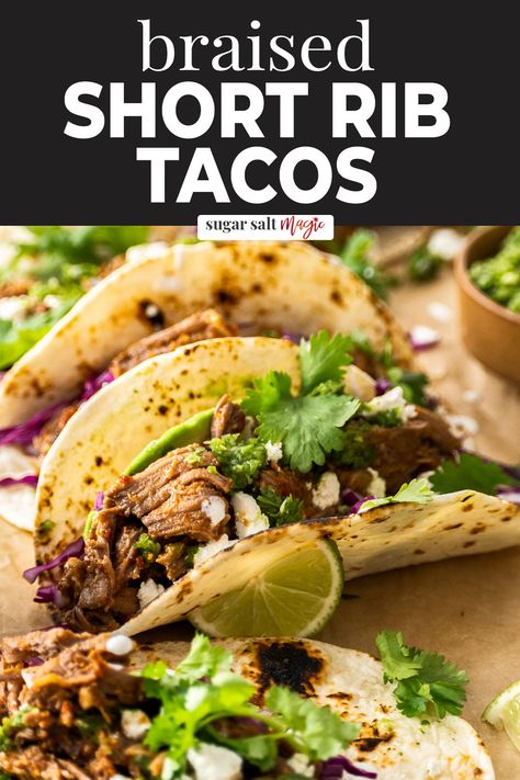 These braised beef short rib tacos are loaded with succulent, slow cooked fall-off-the-bone beef, smothered in a rich sauce. This is what taco dreams are made of. Succulent, flavoursome beef.  Rich with a light tang from lime juice. The oven does most of the work or use your slow cooker! The jalapeno relish topping is the perfect accompaniment. Slow cooker, oven and pressure cooker instructions. Beef Short Rib Tacos, Short Rib Tacos, Rib Tacos, Bbq Beef Short Ribs, Beef Short Rib Recipes, Short Ribs Recipe, Crockpot Recipe, Short Rib, Bbq Beef