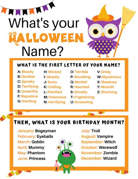 Halloween What's Your Name Game Printable for your next Spooky holiday bash! #halloweengame #halloweenprintable Halloween Name Generator, What’s Your Halloween Name, What's Your Name Game, What’s Your Name, Holiday Names, Daily Sayings, Attendance Questions, Scary Names, Funny Name Generator