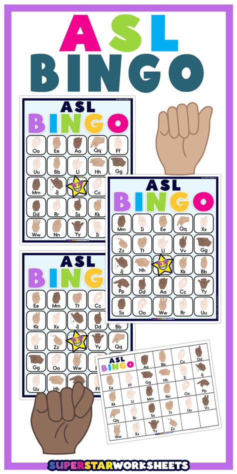 FREE ASL Bingo for students! This printable bingo game is perfect for students how need to practice their ASL alphabet. Our ASL bingo printables make it easy for teaching students a new language. #superstarworksheets #ASL #free #printables #signlanguage Asl Math Worksheets, Asl Activities For Kids, Asl Games, Asl Activities, Sign Language Games, Asl Classroom, Simple Sign Language, Asl Alphabet, Printable Bingo Games