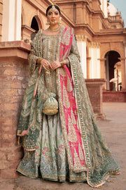 Green Gharara, Silk Gharara, Bridal Gharara, Mohsin Naveed Ranjha, Heavy Dupatta, Pakistani Bridal Dress, Pink Dupatta, Walima Dress, Nikkah Dress