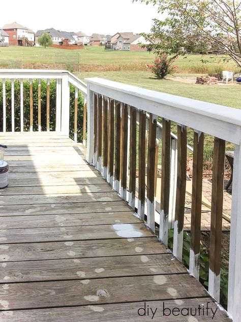 painting a deck White Decks Backyard, Brown Deck With White Railings, Deck Renovation Before And After, Deck Makeover Before And After, Painted Back Deck, White Stained Deck, Deck Colors For Beige House, Deckover Before And After, Painted Wood Deck Ideas