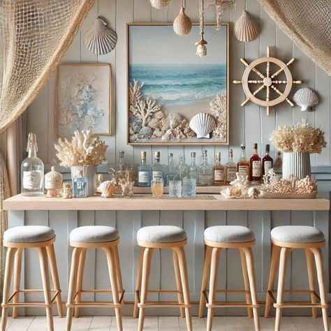 Beach Bakery, Beach House Bar, Bar Design Ideas, Decoupage Bottles, Home Bar Areas, Indoor Bar, House Bar, Beach Room, Bar Area