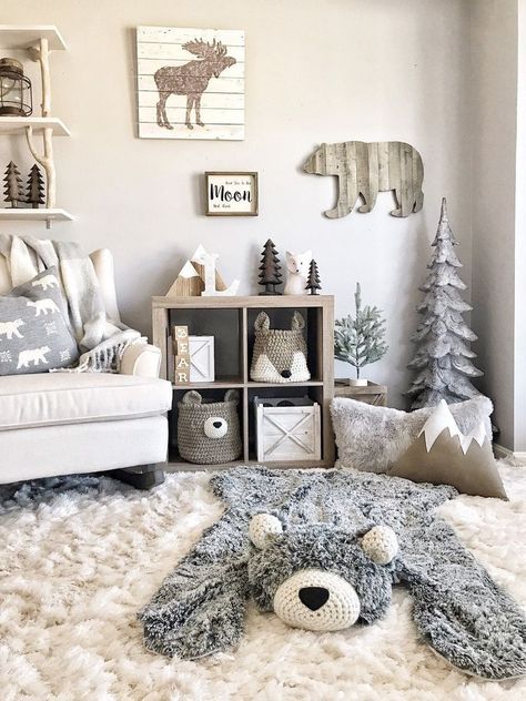 Grey Animal Themed Nursery, Nordic Nursery Inspiration, Winter Themed Nursery, Nursery Grey Furniture, Small Nursery Layout, Nursery Furniture Collections, Baby Nursery Inspiration, Boy Nursery Ideas, Baby Room Themes