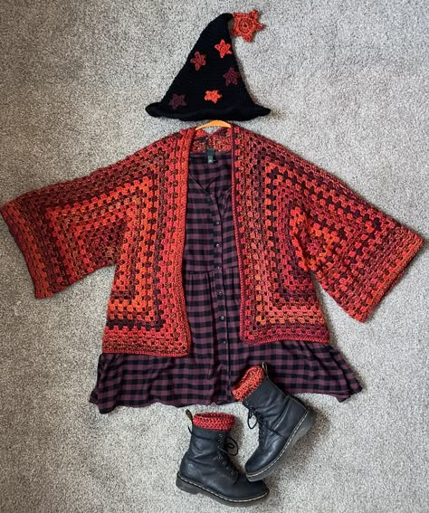 I made a hexagon cardigan, witch hat, and matching boot cuffs to wear to the Stevie Nicks concert tonight ! : r/crochet Witch Hat Knit, Crochet Witch Outfit, Things To Crochet With Yellow Yarn, Fall Crochet Cardigan, Crochet Whimsygoth, Hexagon Crochet Cardigan, Whimsigoth Crochet, Witch Hat Crochet, Hexagon Cardigan Crochet