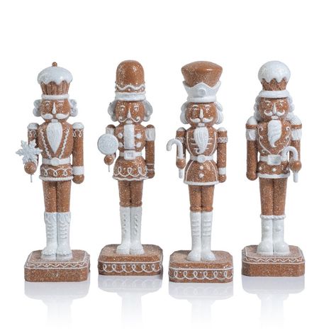 The Adelard 4-Piece Set Assorted Gingerbread Soldier Figurines brings a playful and festive touch to your holiday decor. Crafted from durable resin, these tabletop figurines feature a delightful brown and white color scheme with a dusting of glitter, adding a sparkling touch to their sweet details. Perfect for tabletops, mantels, or holiday displays, this set infuses any space with the fun and magic of the holiday season.  Gingerbread soldiers featuring fun sweet details.   Set of 4 assorted soldier tabletop figurines.   The rounded square base ensures stability.  A timeless Christmas accessory. Nutcracker Christmas Decorations Ideas, The Nutcracker Christmas Decor, Nutcracker Christmas Theme, Gingerbread Nutcracker, Nutcracker Ideas, Brooklyn Candle Studio, Nutcracker Decor, Nutcracker Christmas Decorations, Christmas Nutcrackers