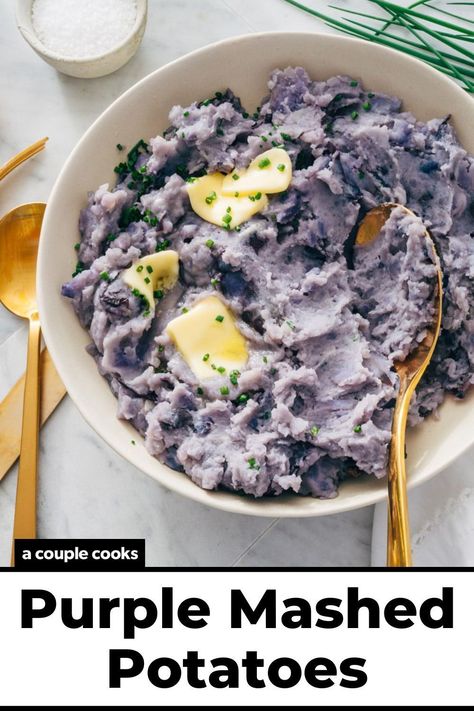 These purple mashed potatoes are perfectly creamy and bursting with garlicky flavor! They're fast and easy to whip up with garlic, butter and chives. Pop over to our site for the recipe! Purple Mashed Potatoes, Purple Potato Recipes, A Couple Cooks, Vegan Recipes Plant Based, Purple Potatoes, Couple Cooking, Best Gluten Free Recipes, Healthy Comfort Food, Bread Recipes Sweet