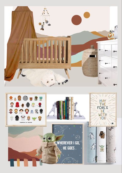 Neutral Star Wars Nursery, Tatooine Nursery, Star Wars Wall Mural Diy, Boho Star Wars Nursery, Tatooine Mural, Nursery Ideas Star Wars, Tatooine Bedroom, Endor Nursery, Star Wars Nursery Ideas