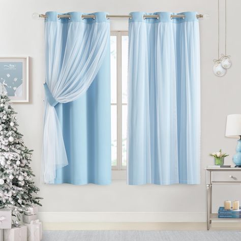 PRICES MAY VARY. Ready Made:Package includes 2 panels of double layered blackout and sheer curtains with tie backs,measuring 37Wx63L inch each panel,1.6inch grommet top.Recommend to order 2-3 times rod width for proper look and fullness. Functional & Modern:Blue blackout curtains paired with sewn-in scalloped edge white sheers achieve the layered sophistication,bringing romantic atmosphere to any home style,like living room,bedroom,kitchen,office,nursery,girls room,etc. Light Control&Energy Smar Bedrooms Minimalist, Light Blue Rooms, Circle Tile, Light Blue Curtains, Light Blue Bedroom, Blue Blackout Curtains, Blue Drapes, Hotel Chic, Layered Curtains