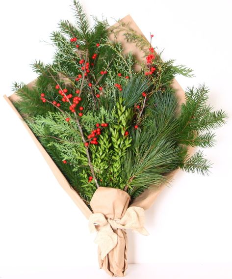 Greens Bouquet, Ilex Berries, Christmas Wedding Flowers, Wedding Tree Decorations, Christmas Greens, Winter Greens, Green Bouquet, Hosting Holidays, Cedar Trees