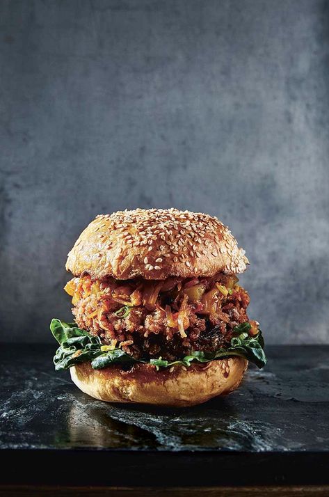 Panko-crusted deep-fried king oyster mushroom burger with courgette kimchi Vegetarian Burger Recipe, King Oyster Mushroom, Cooking Ribeye Steak, Miso Sauce, King Oyster, Mushroom Burger, Oyster Mushroom, Vegetarian Burger, Burger Buns