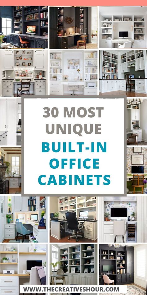 Elevate your home office with built-in office cabinets, seamlessly blending wall units and desk functionalities. Maximize space and style for a truly efficient workspace. #OfficeCabinets #WallUnits #DeskOrganization Home Office Built Ins Bookshelf Wall, Unique Office Storage, White Office Built Ins Cabinets, Built In Desk Multiple Monitors, Closet In Home Office, Home Office Desk And Bookshelves, Wall Unit With Desk Built In, Custom Built Desk Ideas, Home Office White Cabinets