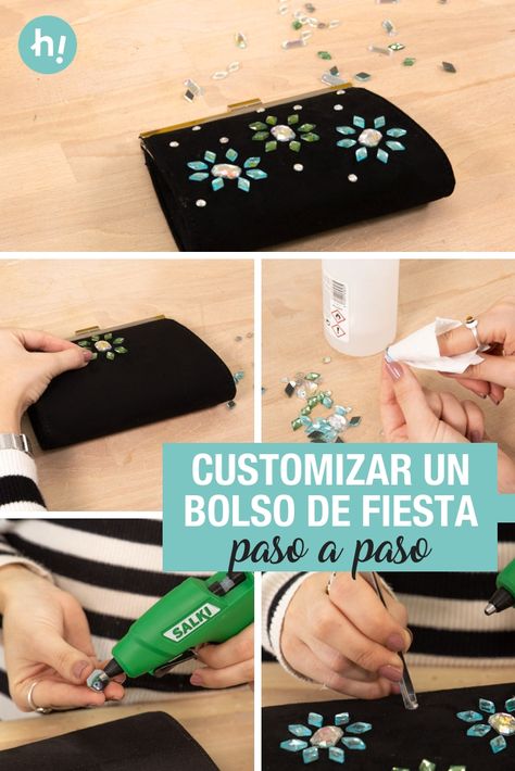 Cómo customizar un bolso de fiesta ➜ Compra un bolso básico y personalízalo con unas piedras de bisutería y cola caliente.  #Bolso #Customizado #Clutch #Piedras #Navidad #DIY #Handfie Embellished Purses, Navidad Diy, Diy Tote Bag, Manualidades Diy, Fashion Diy, Diy Bag, Handmade Bags, Diamond Studs, Diy Fashion