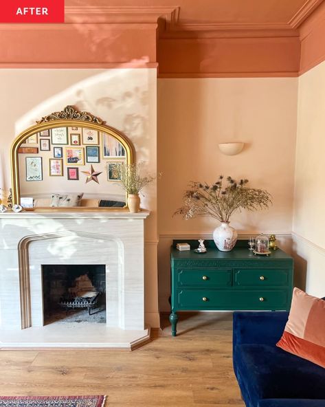 Painted Ceiling Ideas Living Room, 1970s Fireplace, Natural Wood Mantel, Peach Living Rooms, Ceiling Ideas Living Room, 1930s Living Room, Light Pink Walls, Living Room Redo, Bright Living Room