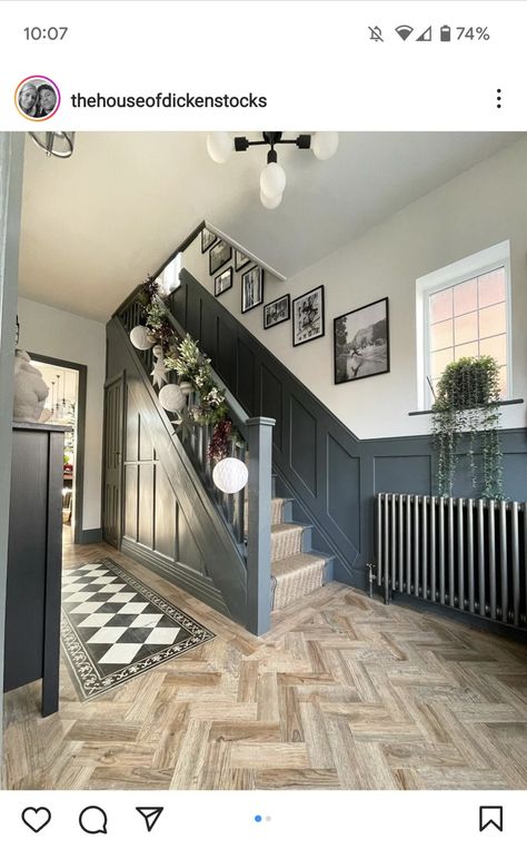 Downpipe Hallway, Small Hallway And Stairs Ideas, Hall And Stairs Panelling, Hallway Panelling Black, Up The Stairs Panneling, Victorian Staircase Ideas Entrance Halls, Under Stairs Panelling, Period Property Interiors, Panelling On Stairs