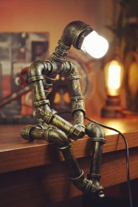 Button Lampshade, Iron Robot, Steampunk Room, Vintage Witches, Lampe Steampunk, Steampunk Table Lamp, Steampunk Table, Industrial Pipe Lamp, Robot Lamp