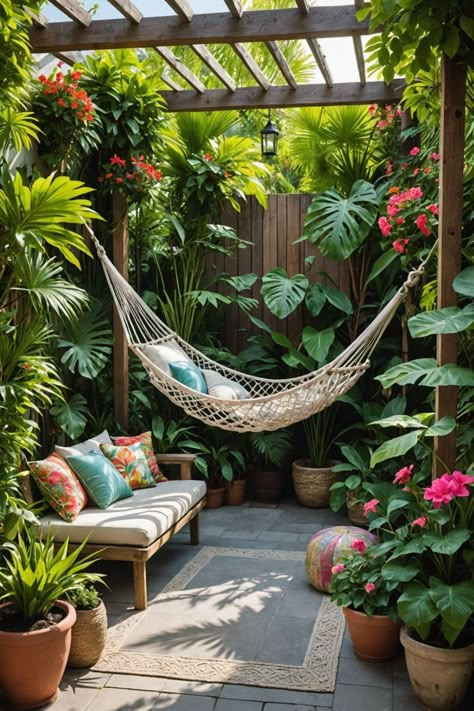 20 Small Tropical Garden Design Ideas - Toolz Geek Tropical Garden Courtyard, Jungle Garden Ideas Small Spaces, Tropical Garden Design Small Spaces Landscaping Ideas, Tropical Pergola Ideas, Tropical Potted Plants Patio, Tropical Cabin Design, Trellis Roof Ideas, Tropical House Interior Design, Small Tropical House Design