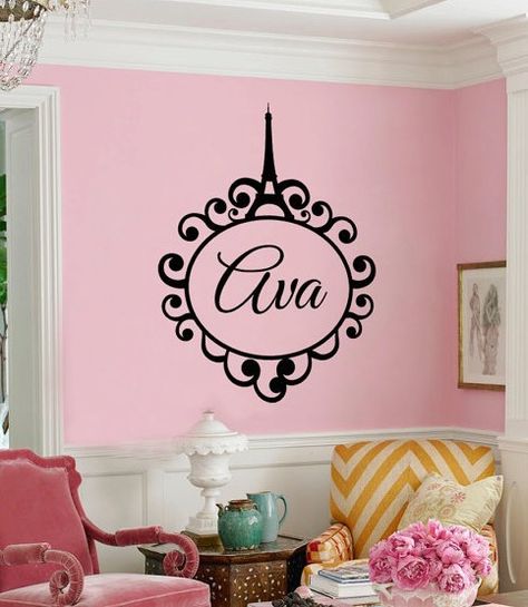 Cheap sticker hologram, Buy Quality sticker directly from China sticker vinyl Suppliers:  We use high quality, interior grade matte vinyl.This Eiffel tower monogram is customized with the name of your cho Girls Paris Themed Bedroom, Pink Teal Bedroom, Vintage French Bedroom, Wall Stickers Sports, Paris Themed Bedroom, Rose Nursery, Sports Wall Decals, French Bedroom, Vinyl Decor