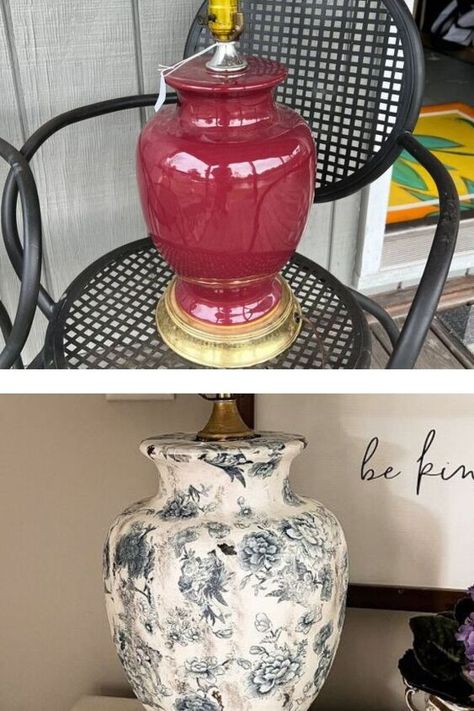 We love this easy lamp base upcycle idea using napkins to make an old lamp look expensive. Check out this look for less you can make with an old vintage lamp. #lampbase #makeover #upcycle #beforeafter Vintage Lamp Upcycle, Vintage Lamp Makeover, Outdoor Kitchen Rustic, Refurbished Lamps, Ikea Board, Thrift Store Lamp Makeover, Decoupage Lamp, Rental Diy, Upcycling Ideas Diy