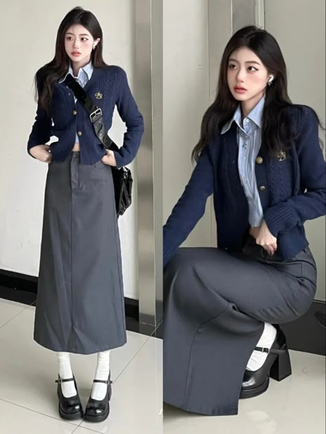 Kawaii Office Outfit, Dark Blue Outfit Ideas, American School Uniform, American School Outfits, Casual Feminine Outfits, Layer Outfits, American Casual Style, China Military, Yearbook Photoshoot