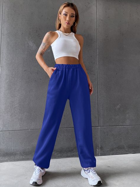 Royal Blue    Polyester Plain  Embellished Slight Stretch All Women Bottoms Dark Blue Sweatpants Outfit, Jogger Pants Outfit Winter, Blue Sweatpants Outfit, Blue Joggers Outfit, Bright Blue Pants, Joggers Outfit Women, Royal Blue Outfits, White Tops Outfit, Blue And White Outfits