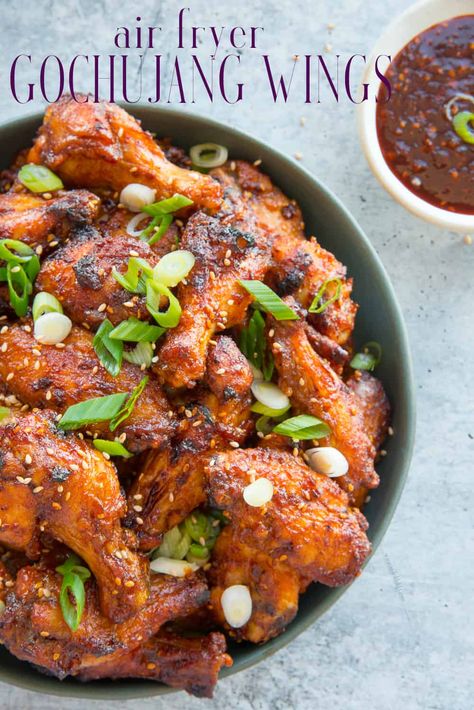 Gochujang Chicken Wings made in the Air Fryer are simple and tasty. Make your next batch with this Korean red pepper condiment and level up your wing game. #chickenwings #airfryerrecipes #chickenwingrecipe #wings #chickenrecipe #gamedayrecipe #gochujang #Koreanchickenwings #Koreanrecipes via @ediblesense Air Fryer Korean Chicken Wings, Chicken Wings In The Air Fryer, Gochujang Wings Recipe, Gochujang Wings, Gochujang Chicken Wings, Airfry Recipes, Home Korean, Korean Chicken Wings, Gochujang Chicken