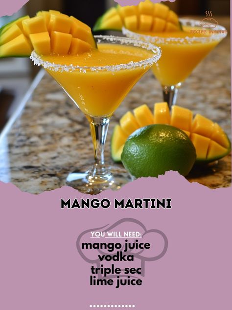 🍹 Elevate your cocktail game with this refreshing Mango Martini! Perfect for summer sipping. 🌞🥭 Mango Martini Ingredients: - 2 oz mango juice - 2 oz vodka - 1 oz triple sec - 1 oz lime juice - Ice cubes - Fresh mango slices for garnish Instructions: 1. Fill a shaker with ice. 2. Add mango juice, vodka, triple sec, and lime juice. 3. Shake well until chilled. 4. Strain into a martini glass. 5. Garnish with fresh mango slices. 6. Enjoy your delicious Mango Martini! 🥭🍸 Give your taste buds a... Mango Martini, Mango Vodka, Mango Slices, Juice Ice Cubes, Martini Ingredients, Juice Ice, Mango Juice, Triple Sec, Ice Cubes