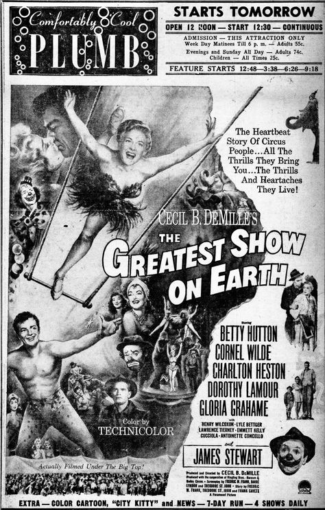 THE GREATEST SHOW ON EARTH (1952) - Betty Hutton - Cornel Wilde - Charlton Heston - Dorothy Lamour - Gloria Grahame - James Stewart - Produced & Directed by Cecil B. DeMille - Paramount - Newspaper print ad. The Greatest Show On Earth, Cornel Wilde, Betty Hutton, Creepy Circus, Circus Clowns, Gloria Grahame, Greatest Show On Earth, Movie Site, Movie Ads