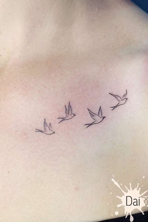 Infinity Tattoo With Birds Flying, 4 Small Birds Tattoo, Bird Tattoo With Words, Sparrow Wrist Tattoo, Small Birds Tattoos For Women, Tattoo Ideas Female Birds Flying, Birds Flying Tattoo Arm, Simple Flying Bird Tattoo, 5 Bird Tattoo