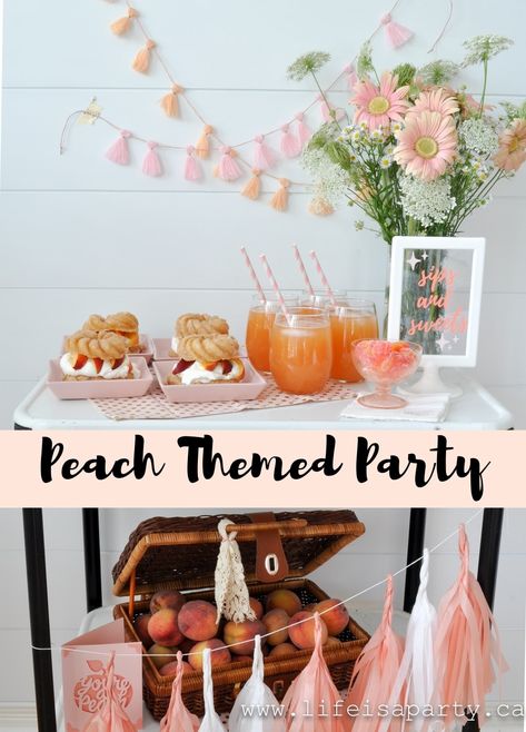 Peach Foods For Party, Decorating With Peaches, Peach Brunch Decor, Peach Party Food, Peach Drink Recipes, Peach Party Ideas, Peach Brunch, Peach Theme Party, Peach Birthday Decorations