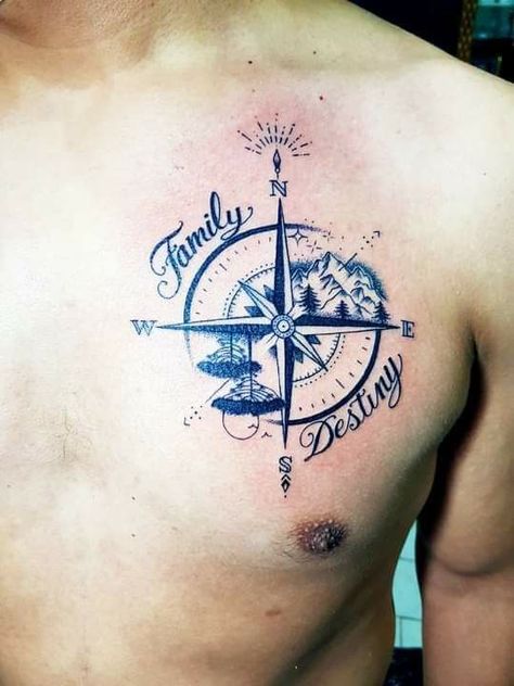 Compass Tattoo With Names, Girlfriends Name Tattoo Ideas, Tattoo Ideas For Men Chest, A Compass Tattoo, Tato Nama, Compass Tattoo Men, Words Family, Name Tattoo Ideas, Trident Tattoo