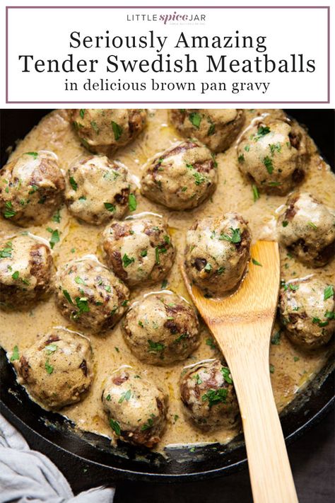 Seriously Amazing Swedish Meatballs in Brown Gravy - hearty and comforting meatballs in the most delicious brown gravy ever! #swedishmeatballs #browngravy #meatballs | Littlespicejar.com Best Swedish Meatball Recipe, Brown Gravy Recipe, Community Kitchen, Meatballs And Gravy, Fancy Dinner Recipes, Filling Dinner, Brown Gravy, Swedish Meatballs, Gravy Recipe